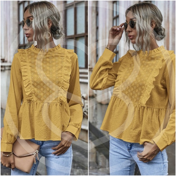 Tops - boho Eyelet Embroidered Babydoll top - MUSTARD